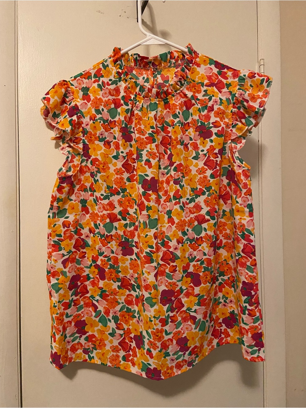 SHEIN White Multicolor Floral Ruffle Sleeve Top